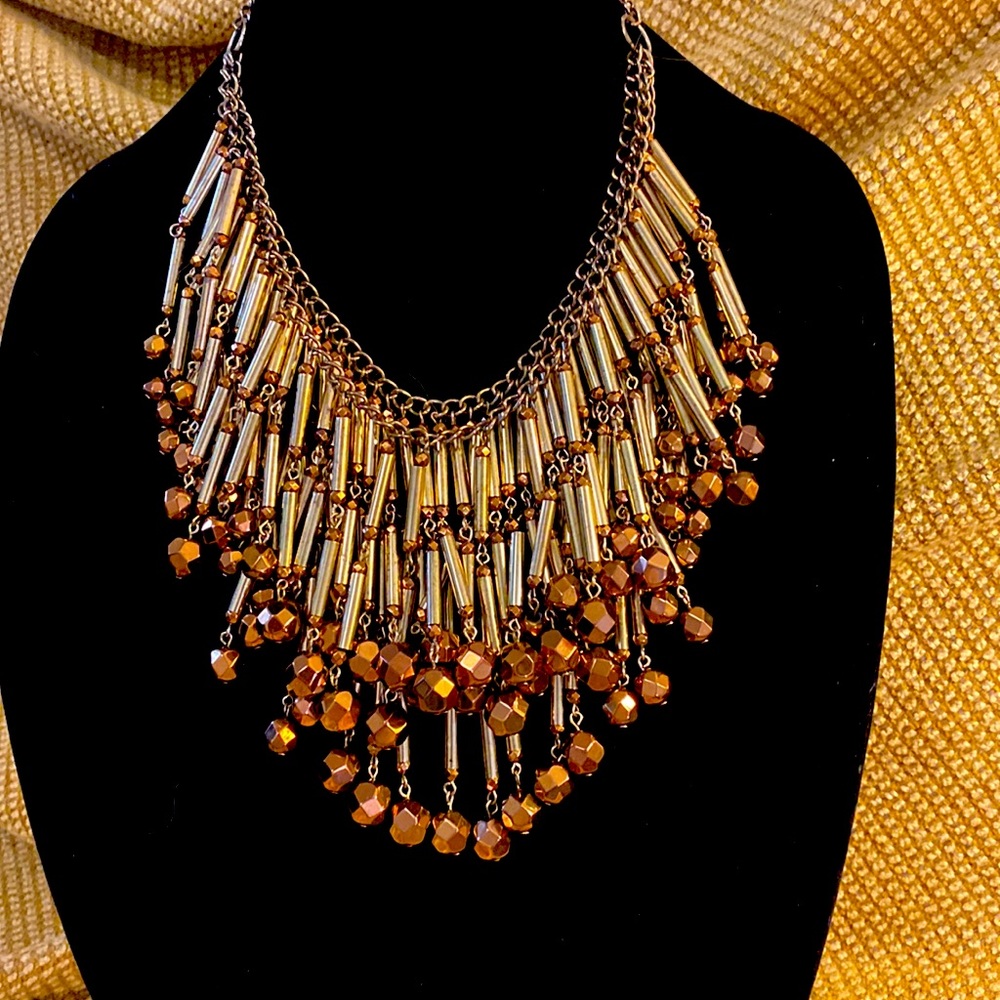 Coldwater Creek Triple Brass Cylinder Layers Bronze Hexagon Ball Tip Necklace